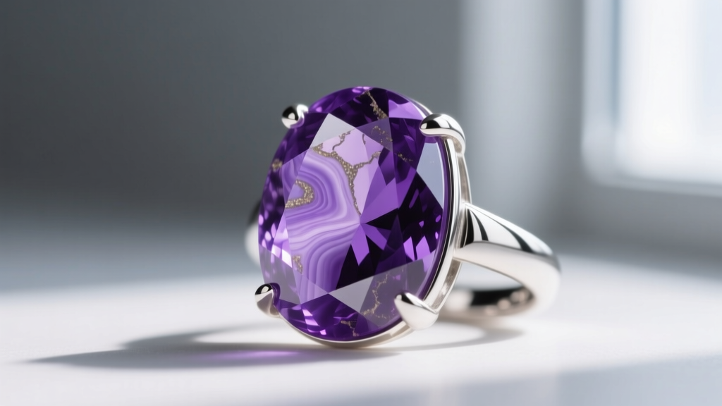 Macro shot of a polished purple turquoise cabochon in sterling silver, revealing subtle dye concentrations within the matrix.
