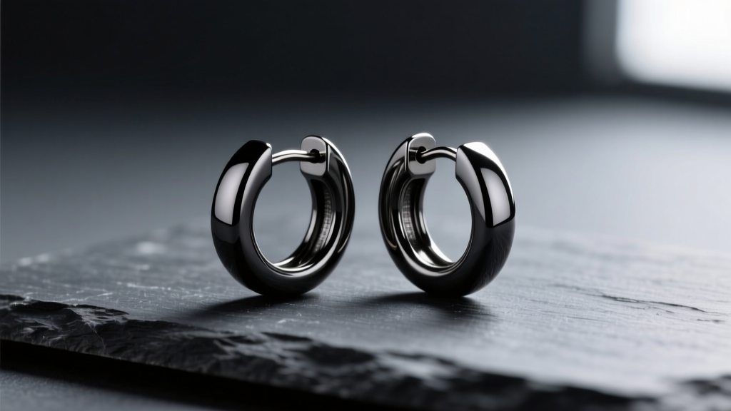 Macro shot of 12mm PVD black titanium huggie hoops on dark slate, highlighting the seamless clicker closure and matte finish.
