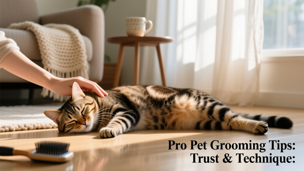 A relaxed tabby cat lying on its side, allowing its owner to gently brush its flank during a short, positive grooming session
