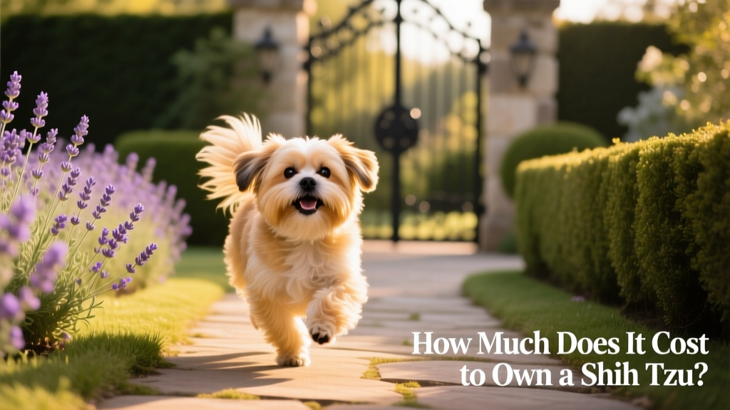 A happy Shih Tzu trotting along a sunlit garden path, tail wagging