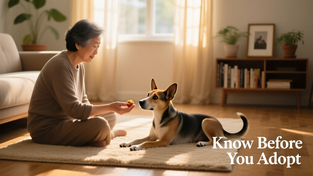 A calm, seated person gently offering a treat to a nervous dog lying on a soft rug in a sunlit room