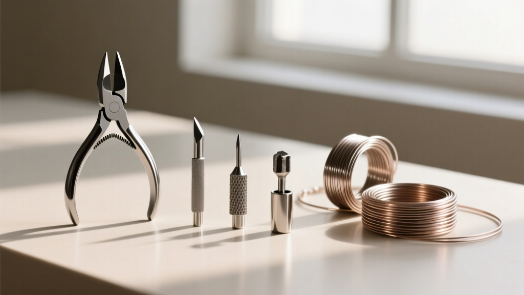 Organized layout of jewelry tools including flush cutters, steel mandrel, and cup burs resting beside coils of raw titanium wire
