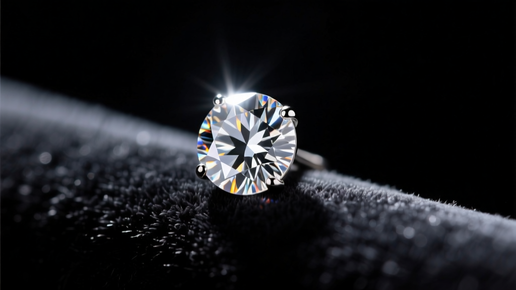Macro shot of a 4-carat round brilliant diamond stud earring on dark velvet, illuminated by a single harsh spotlight to show facets