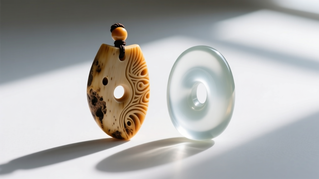 Macro shot of a porous genuine carved bone Samoan pendant next to the smooth, flawless surface of a mass-produced resin replica.