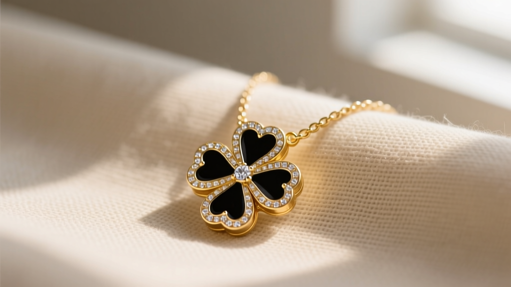A gold-tone Kate Spade necklace clover pendant with black epoxy enamel and tiny crystals resting on a soft beige linen fabric.