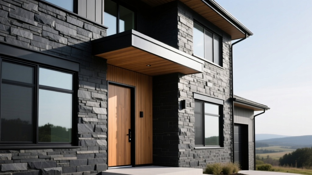 Modern exterior home facade featuring manufactured stacked stone veneer in charcoal tones with black metal trim and warm wood accents