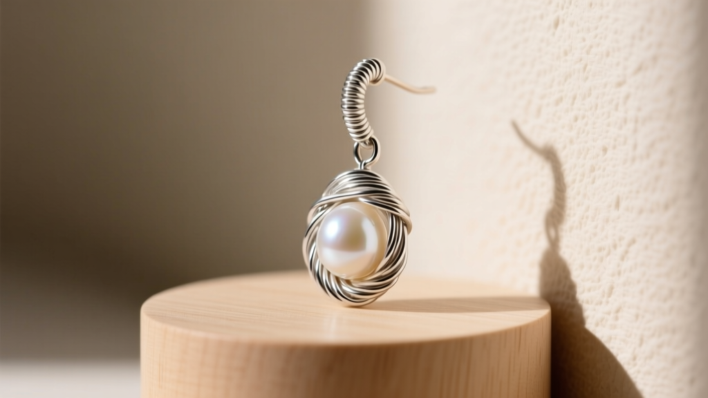Side view of a restored wire wrapped pearl drop earring on a wooden stand, showing tight flush coils and polished silver finish.