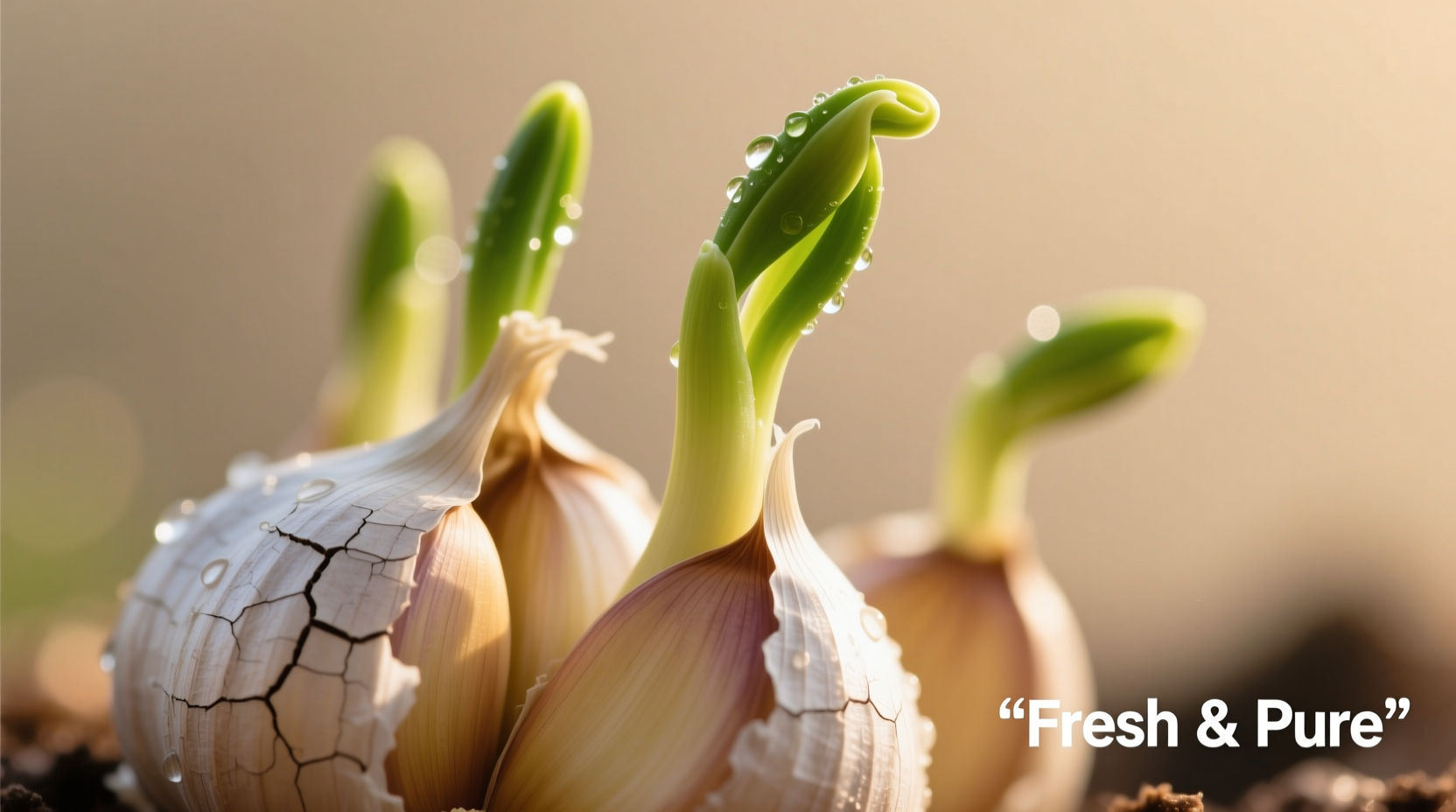 Close-up of sprouted garlic cloves with green shoots