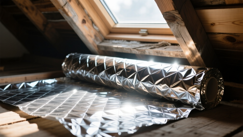 Close-up of double-bubble reflective foil insulation unrolled across wooden attic rafters, bright sunlight reflecting off metallic surface.