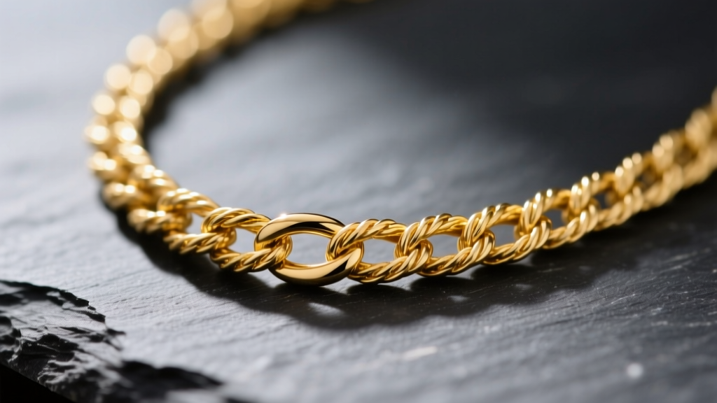 Close-up of a 14k yellow gold rope necklace weighing 6.5 grams, resting on dark slate with soft directional lighting.