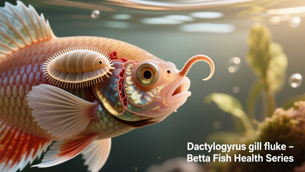 Microscopic illustration of Dactylogyrus gill flukes attaching to fish gill filaments