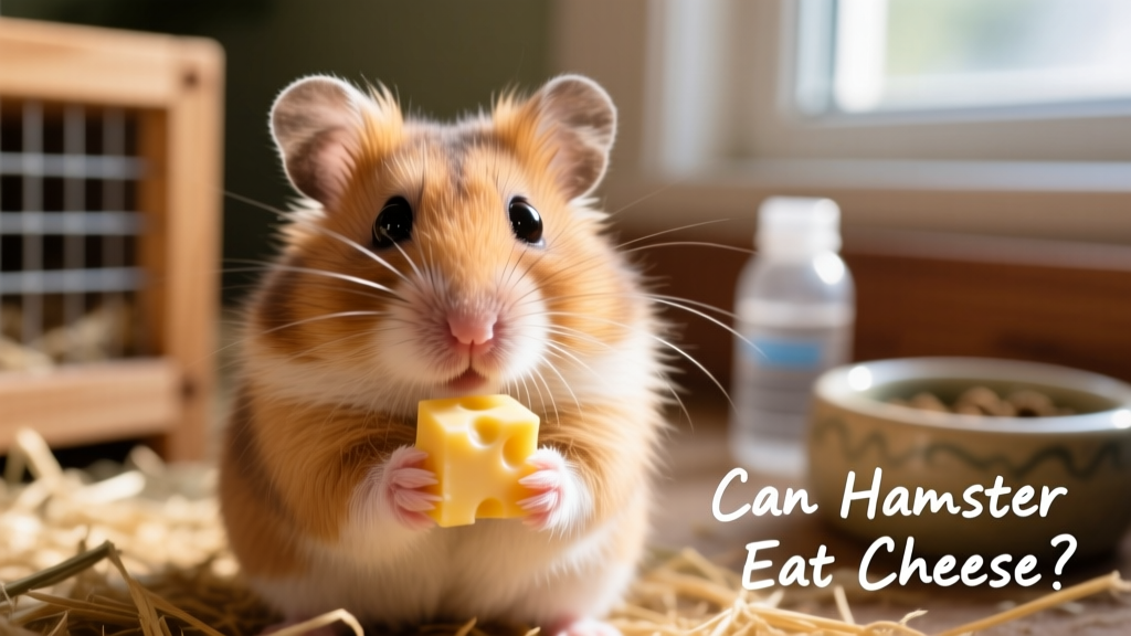 Close-up of a Syrian hamster holding a tiny cube of cheddar cheese in its paws