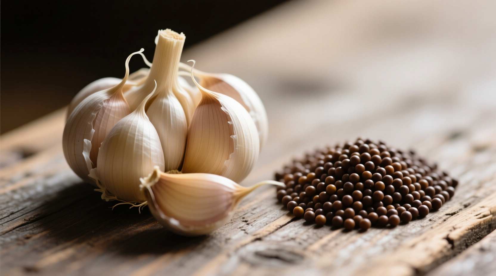 Garlic cloves and mustard seeds side by side