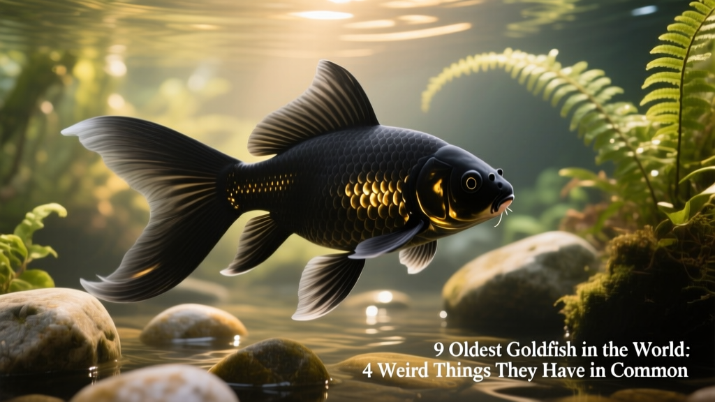 Princess, a graceful black moor goldfish with flowing fins, gliding past smooth river stones and java fern in a serene aquascape