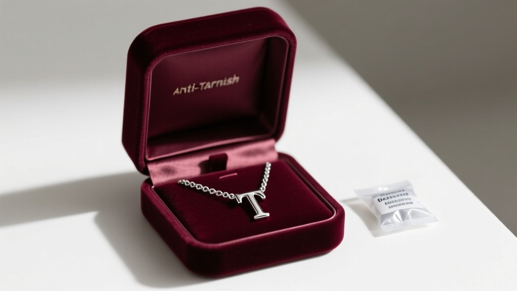 Open anti-tarnish velvet jewelry box holding a coiled silver T initial necklace next to a small silica gel desiccant packet.