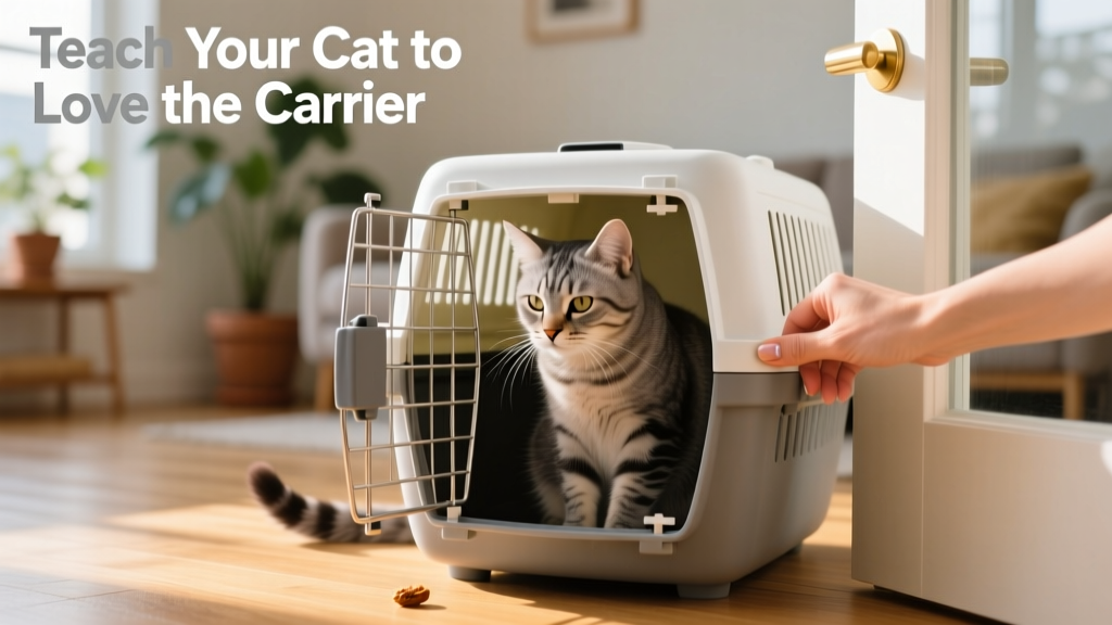 A hand gently closing the door of a carrier while a cat sits calmly inside, focused on a treat