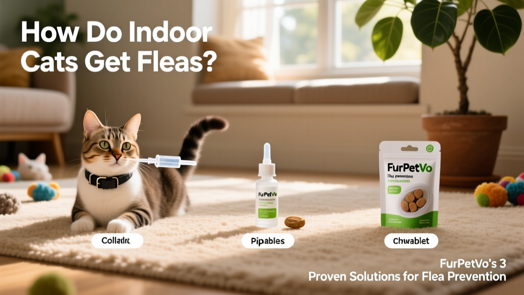 Side-by-side comparison of FurPetVo flea prevention options: collar, pipette, and chewable tablet, all labeled clearly