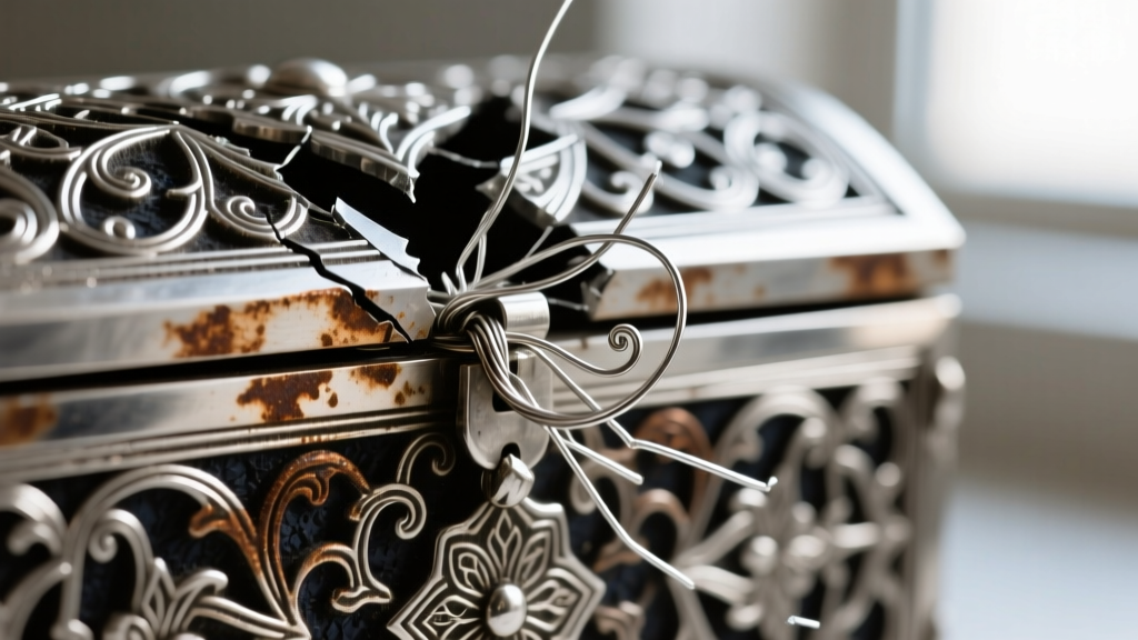 Macro shot of broken silver filigree on a Middle Eastern chest piece, showing a detached solder joint and dark surface tarnish