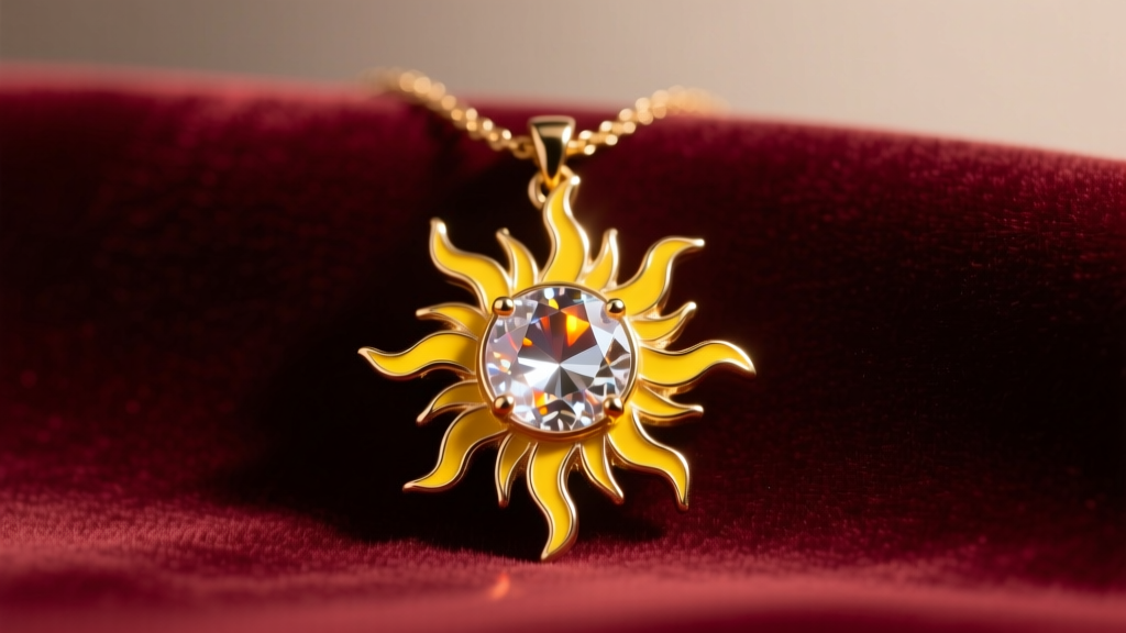 Rapunzel sun necklace pendant on velvet, showing yellow enamel rays and a sparkling center crystal under warm studio lighting.