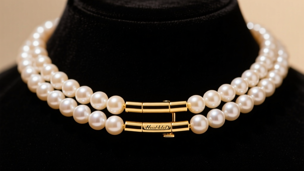 Close-up of a three-strand freshwater pearl choker with a 14k gold tube clasp, resting on dark velvet under warm studio lighting.