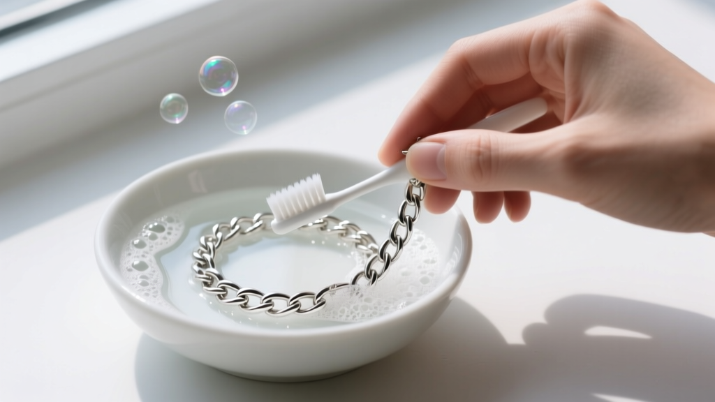 Hands brushing a recycled sterling silver chain bracelet with a soft toothbrush and soapy water in a small white ceramic bowl.