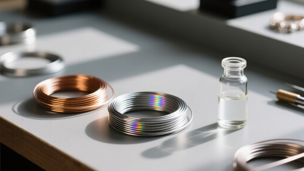 Organized jeweler workbench displaying coils of tin-bismuth and tin-silver soft solder wires next to liquid zinc chloride flux
