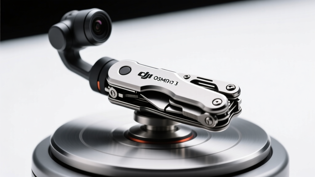 Creator using a DJI Osmo Pocket 3 to film a titanium everyday carry multi-tool on a motorized turntable under studio lights