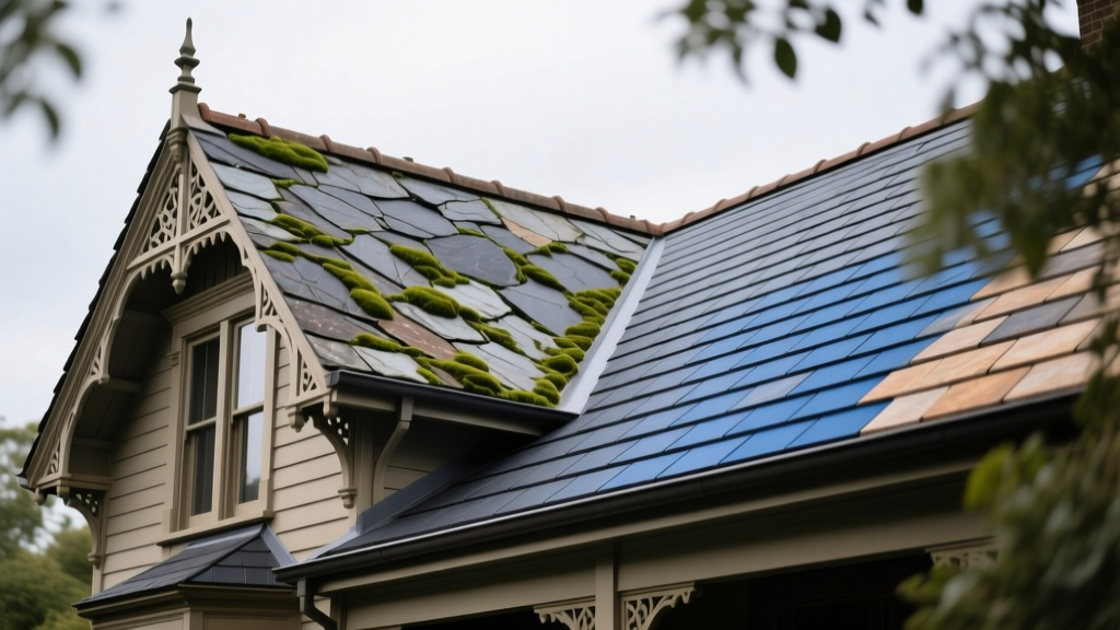 Weathered natural slate tiles contrasting with new synthetic polymer slate on a historic Victorian home restoration project