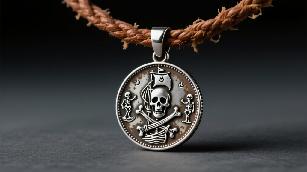 Oxidized sterling silver pirate coin pendant on a thick braided brown leather cord against a moody dark background.