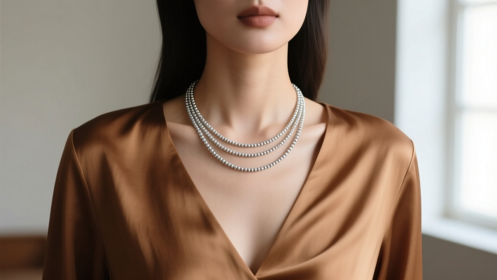 Model wearing a layered 3mm micro square bead sterling silver necklace with a deep V-neck silk blouse in soft natural lighting