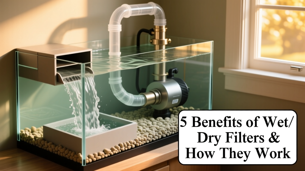Side-view diagram showing water flow from aquarium into a sump-style wet/dry filter with overflow box, baffles, and return pump