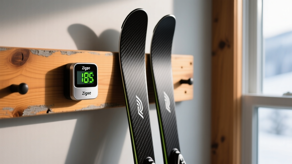 Zigbee temperature sensor mounted on a wooden ski storage rack next to carbon fiber skis with LCD displaying humidity levels