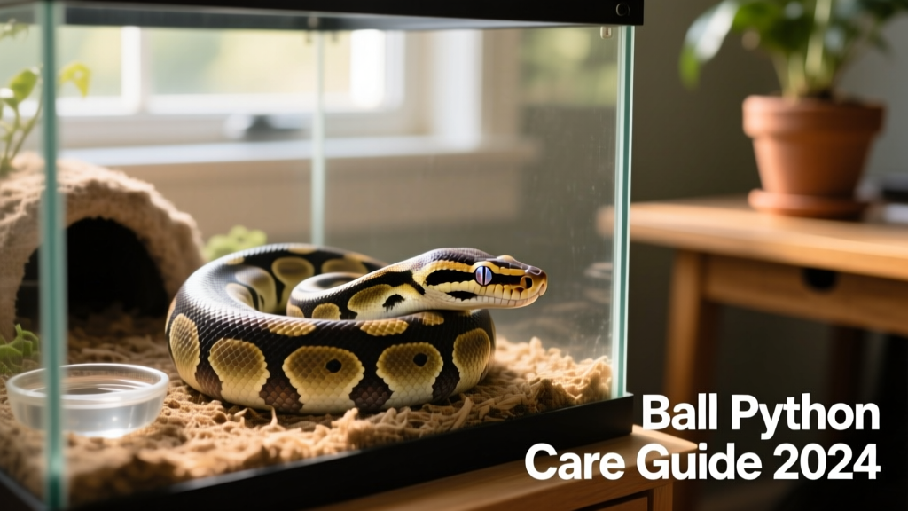 Healthy adult ball python coiled comfortably in its enclosure with visible muscle tone and clear eyes