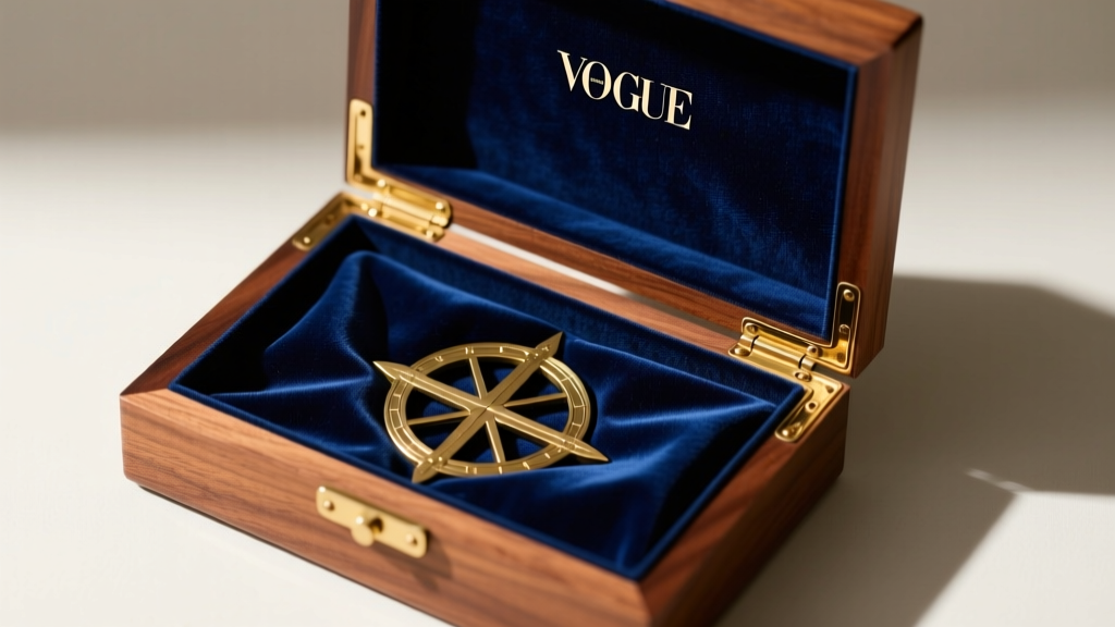 Open walnut box showing dark blue anti-tarnish cloth lining and brass quadrant hinges, shot from above in soft, diffused daylight.