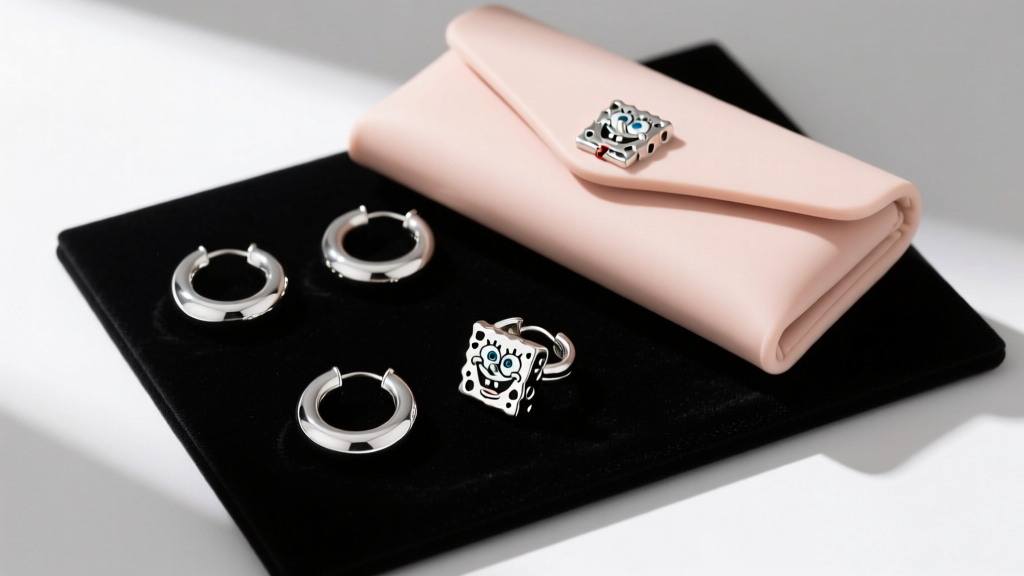 Flat lay of licensed sterling silver SpongeBob huggie hoops with a silicone clutch resting on a dark velvet jewelry display pad