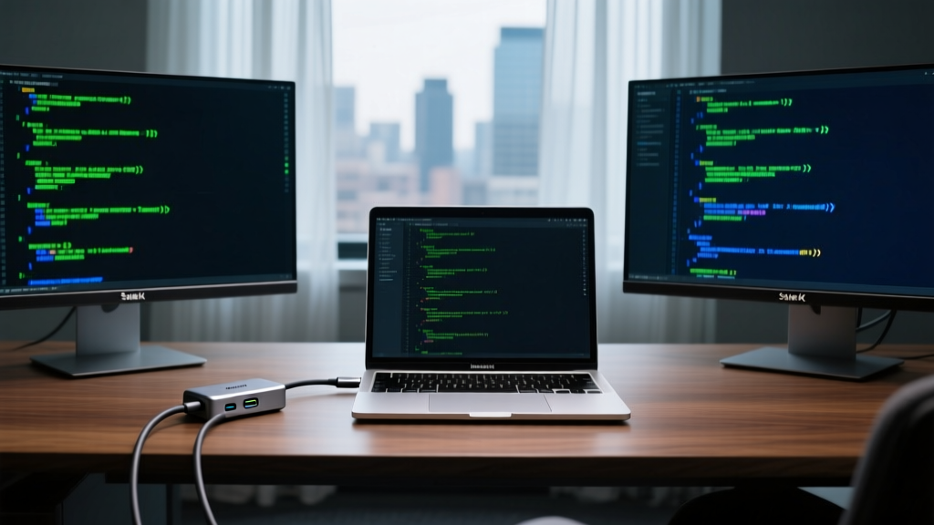Thunderbolt 4 cable connecting a Satechi dock to a MacBook Pro, with dual 4K monitors displaying code in a dimly lit office