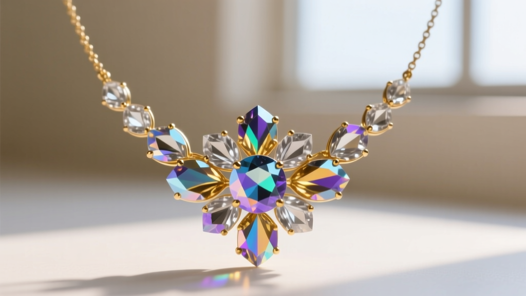 Macro photography of a vintage aurora borealis crystal necklace displaying iridescent titanium and gold coating reflections