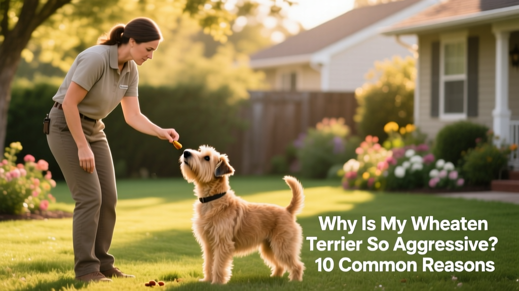 A certified dog trainer calmly guiding a Wheaten Terrier through a positive reinforcement exercise using treats and gentle cues