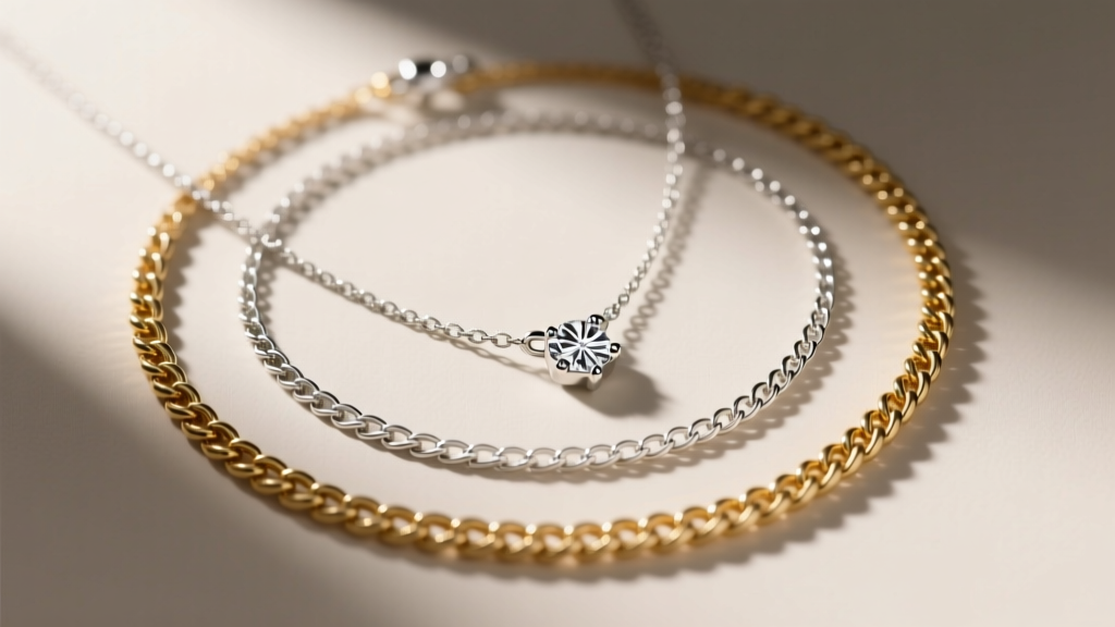 Flat lay of layered James Avery necklaces in mixed metals, featuring diamond initial, silver script, and textured gold rolo chain.