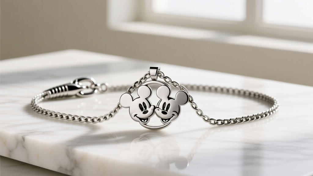 1.2mm stainless steel box chain with lobster clasp holding a solid 316L interlocking Mickey and Minnie pendant