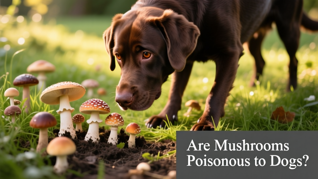 Chocolate Labrador gently investigating a cluster of wild mushrooms in a grassy garden