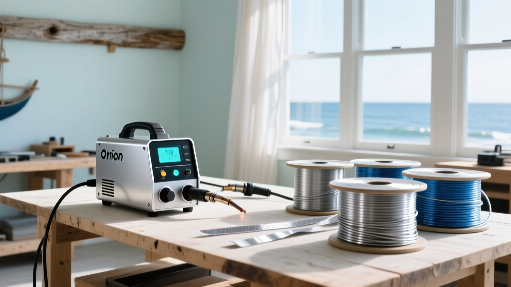 DIY workbench with an Orion pulse welder, spools of marine-grade titanium wire, and anti-tarnish strips in a bright coastal studio.