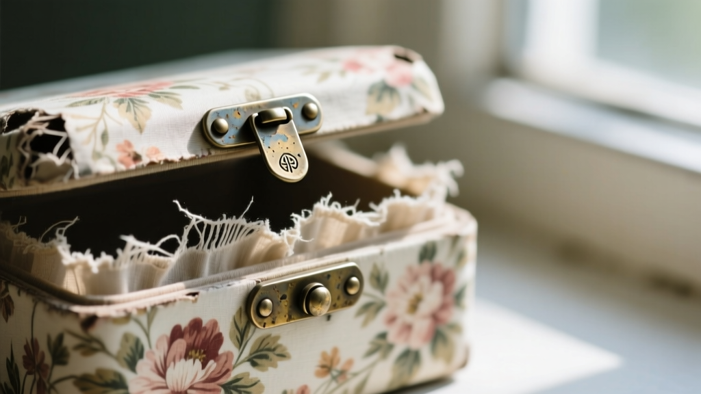 Macro shot of degraded rayon lining in a vintage floral jewelry box, showing tarnished stamped steel friction hinges near the lid.