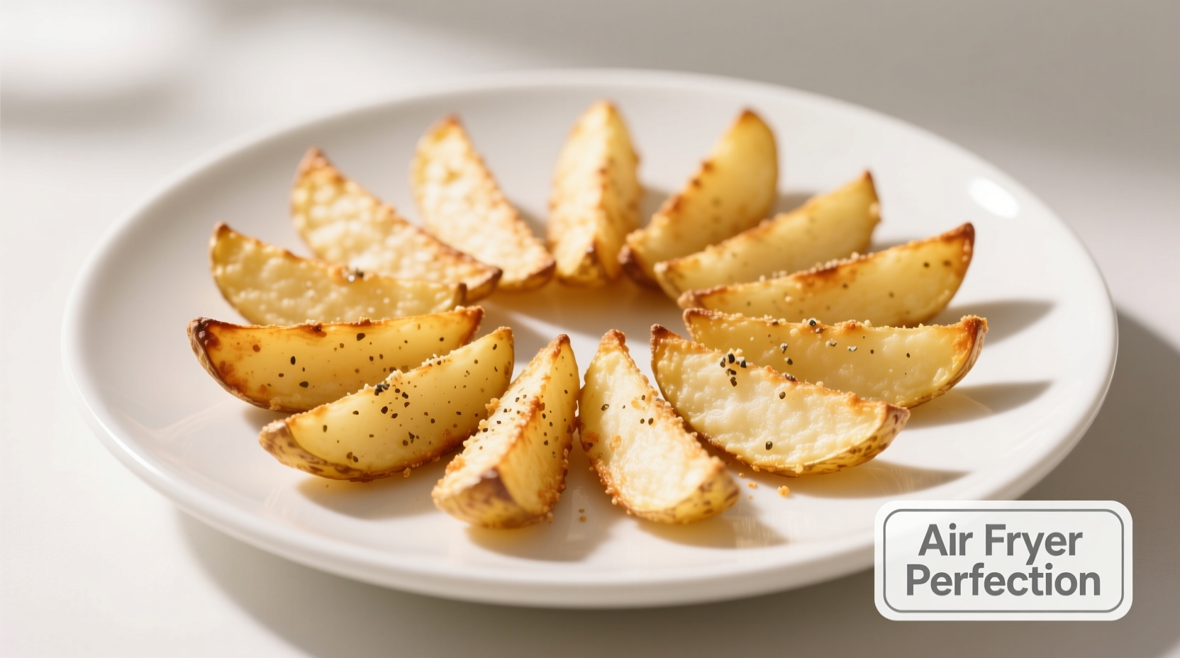 Golden air fryer potato wedges on white plate