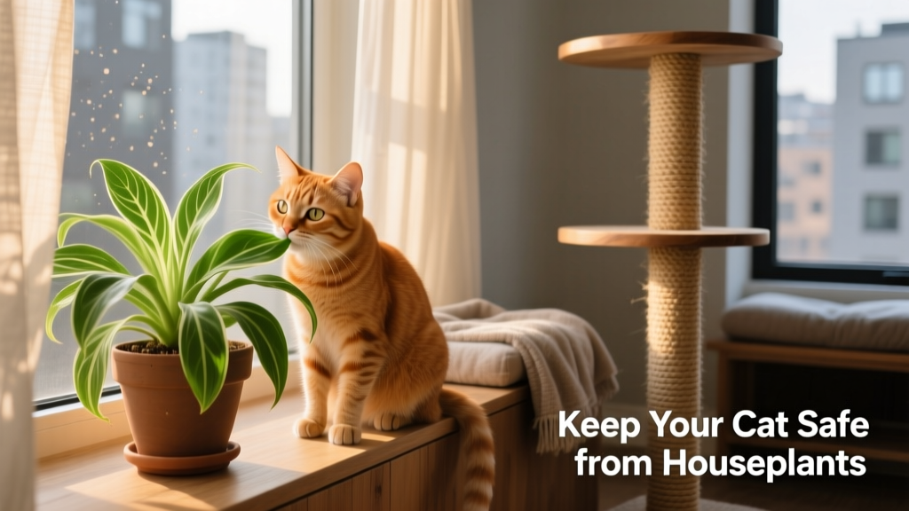 A curious cat sniffing a potted spider plant on a sunny windowsill, with a nearby cat tree and window perch visible