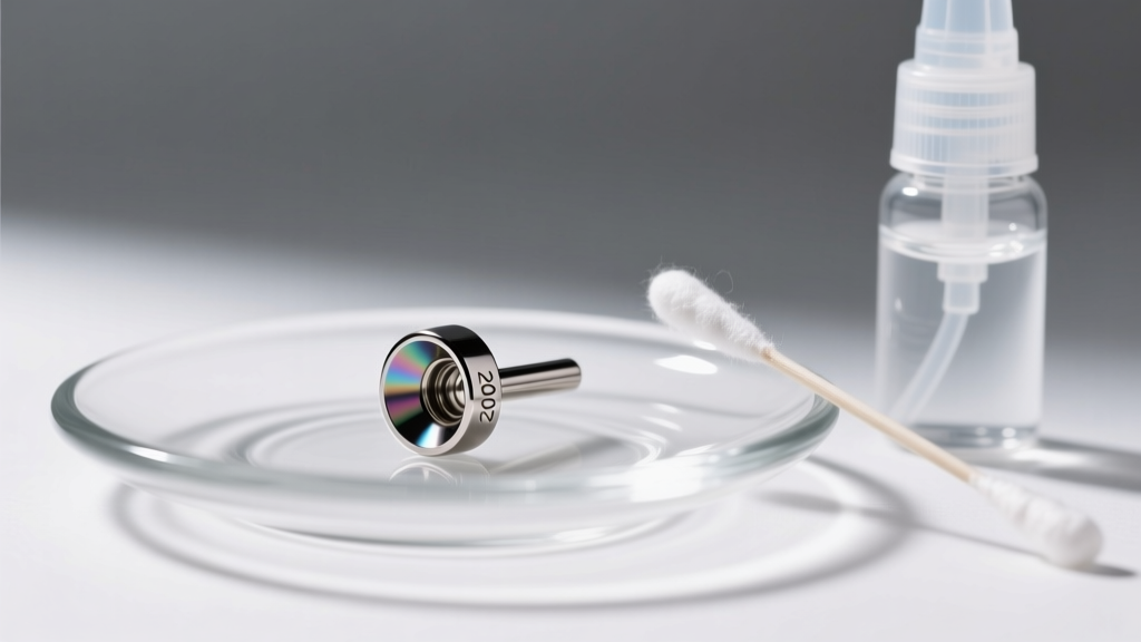 Close-up of a 20-gauge titanium labret stud on a glass dish beside a cotton swab and saline spray under bright clinical lighting.