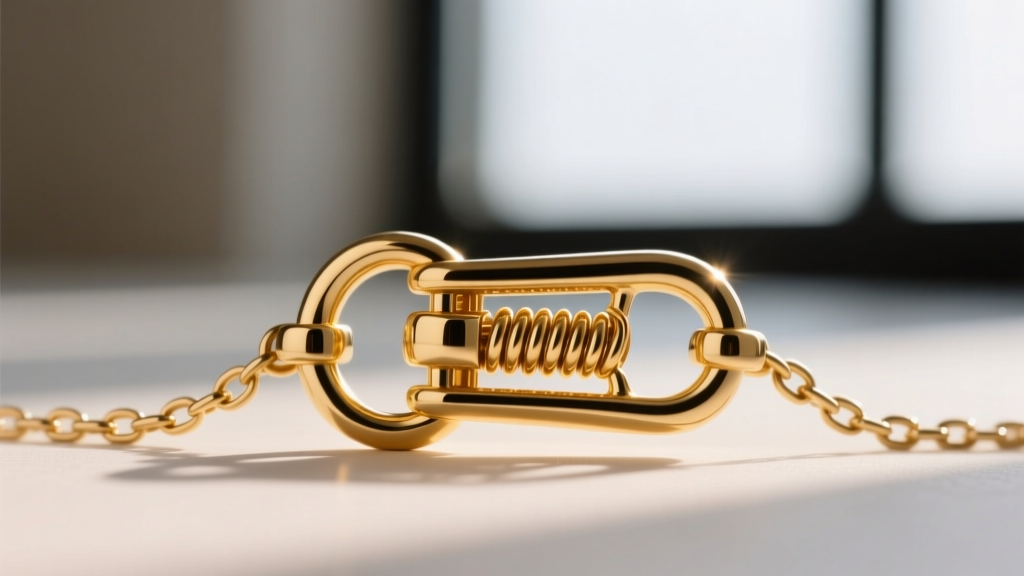 Close-up of a 14k gold lobster clasp on a 1.5mm rolo chain, showing the spring mechanism and soldered jump ring in sharp focus.