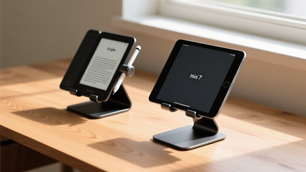 Minimalist wooden desk featuring a Kindle Scribe and iPad Mini 7 mounted on ultra-thin foldable aluminum stands with magnetic styluses attached
