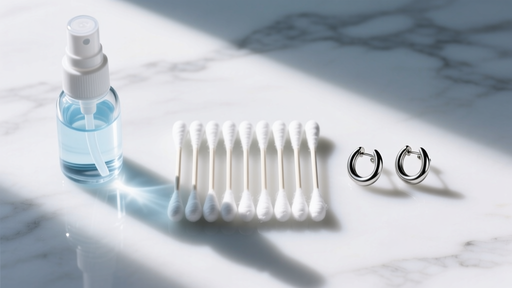 Top-down view of sterile saline spray, cotton swabs, and titanium earrings arranged neatly on a clean white marble surface.
