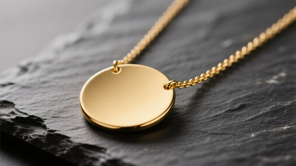 Polished 14k solid gold disc necklace on dark slate, highlighting the smooth reflective flat surface and a delicate cable chain.